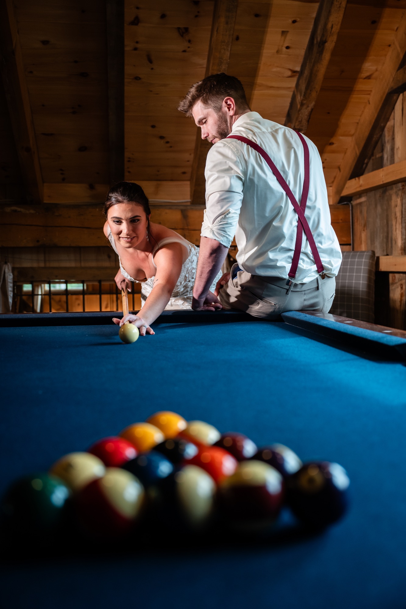 AVENTZ Co. styled shoot — couple at the pool table, From the Woods Farm, J. Parsons Photography