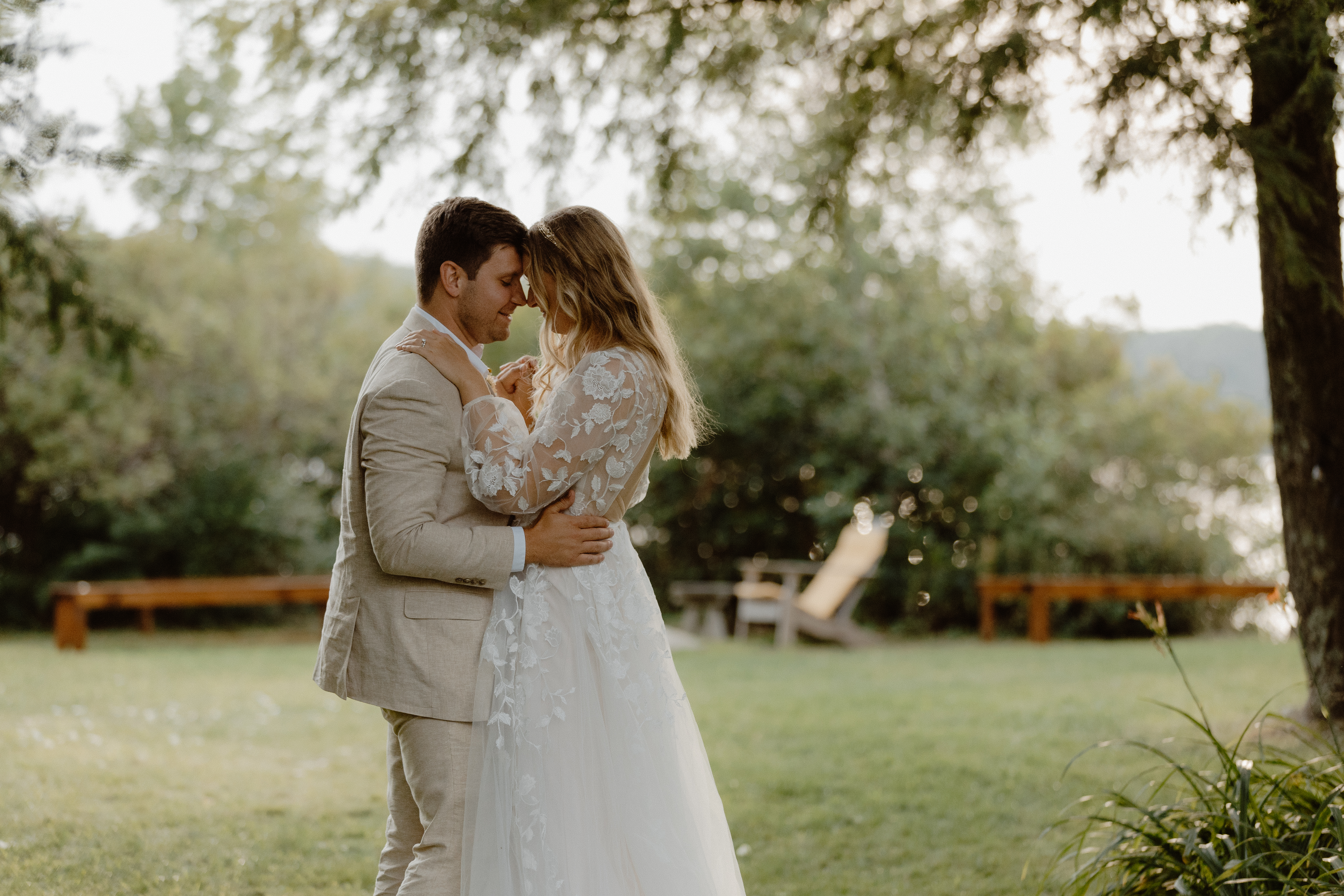 bride and groom's first dance at outdoor wedding reception