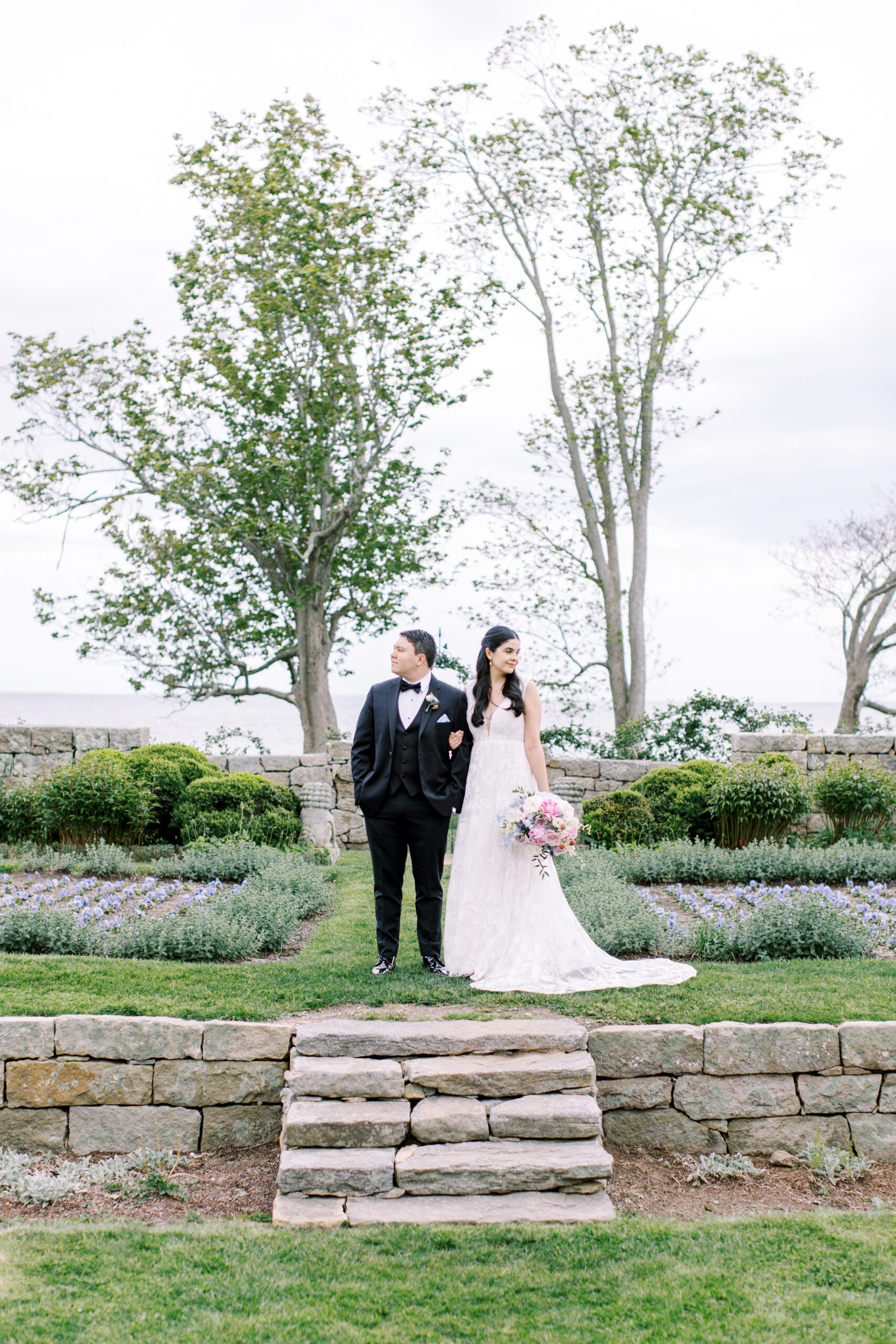 Eolia Mansion Harkness Park Staircase bride and groom portrait